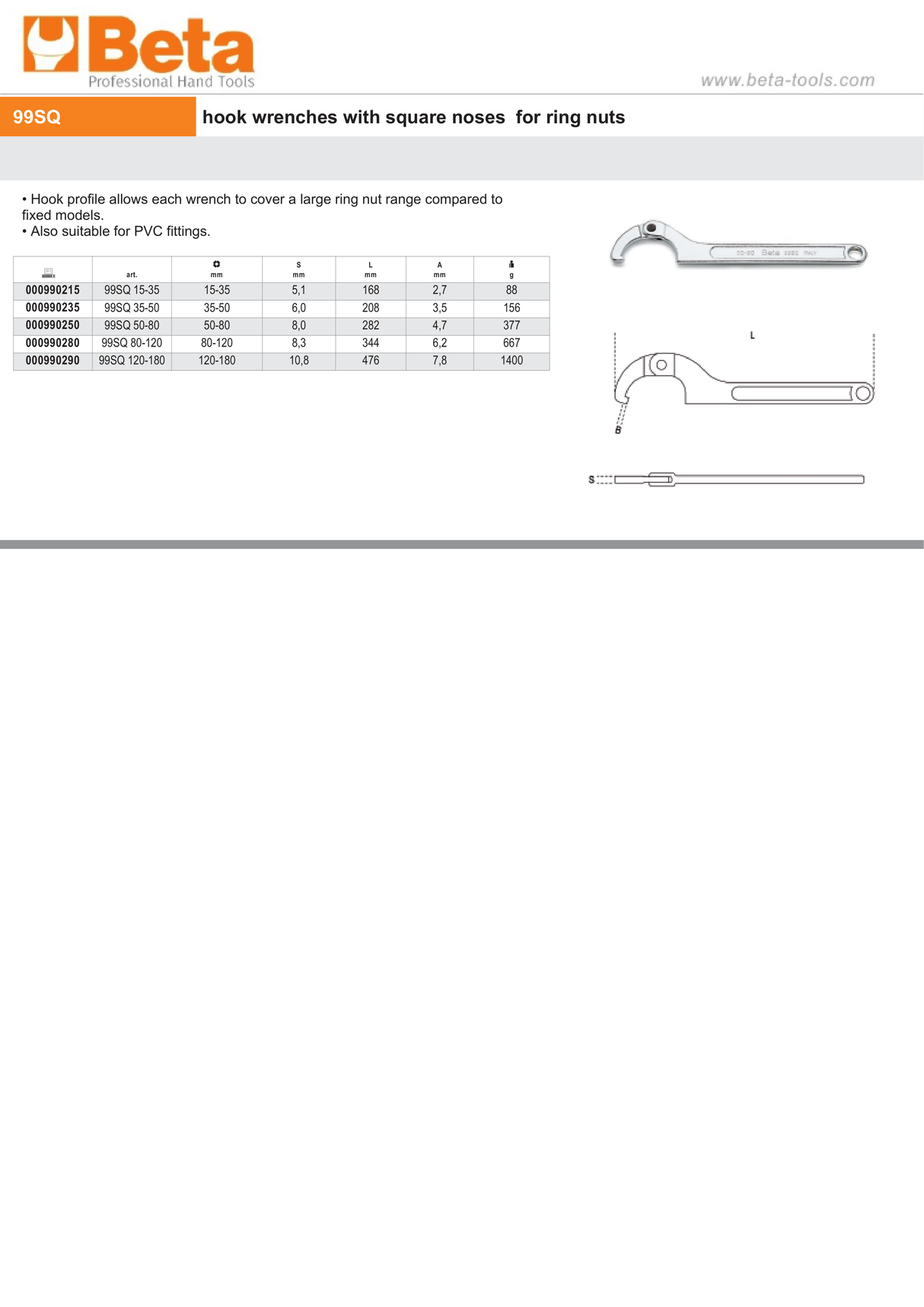 Hook Wrench with Square Noses for Ring Nuts 80mm-120mm - Beta Tools 99SQ 80-120 - Image 3