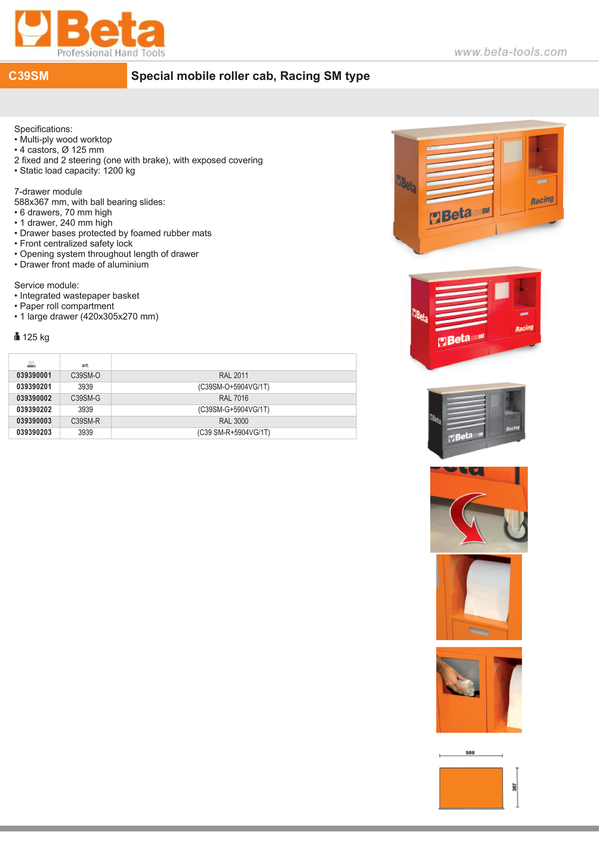 Special Mobile Roller Cabinet Racing SM Type with 7-Drawer Module and Service Module - Beta Tools C39SM-G - Image 9