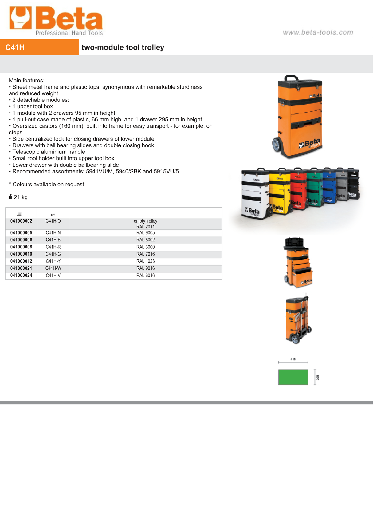 Two-Module Tool Trolley with Detachable Tool Box, Drawers, and Pull-Out Case - Beta Tools C41H-O - Image 7