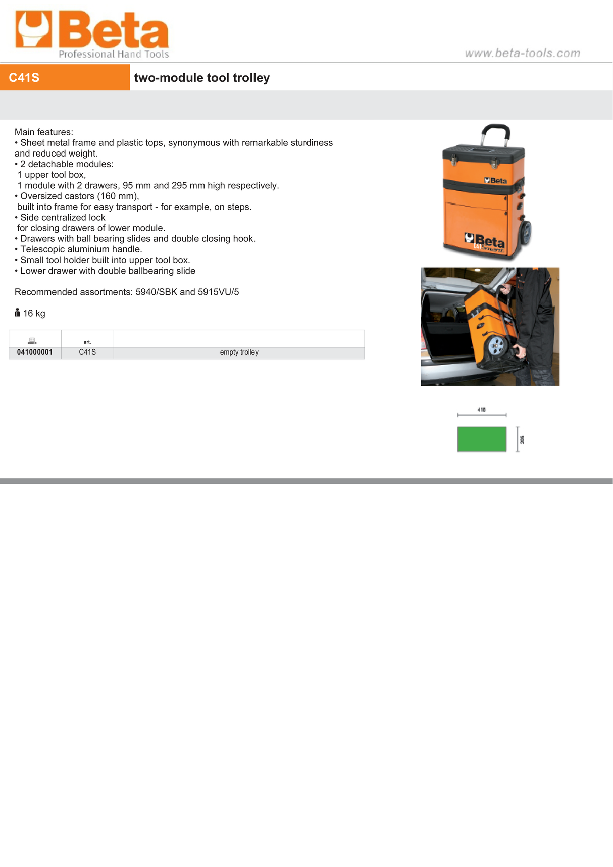 Two-Module Tool Trolley with Detachable Tool Box and Drawers - Beta Tools C41S - Image 5