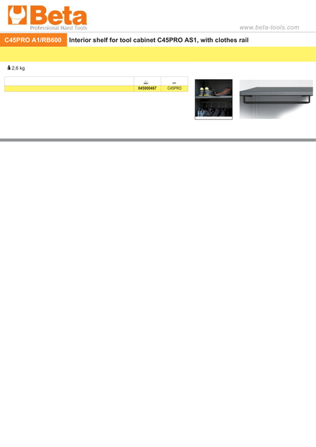 Interior Shelf with Clothes Rail for Tool Cabinet C45PRO AS1 - BetaC45PRO C45PRO A1/RB600 - Image 2