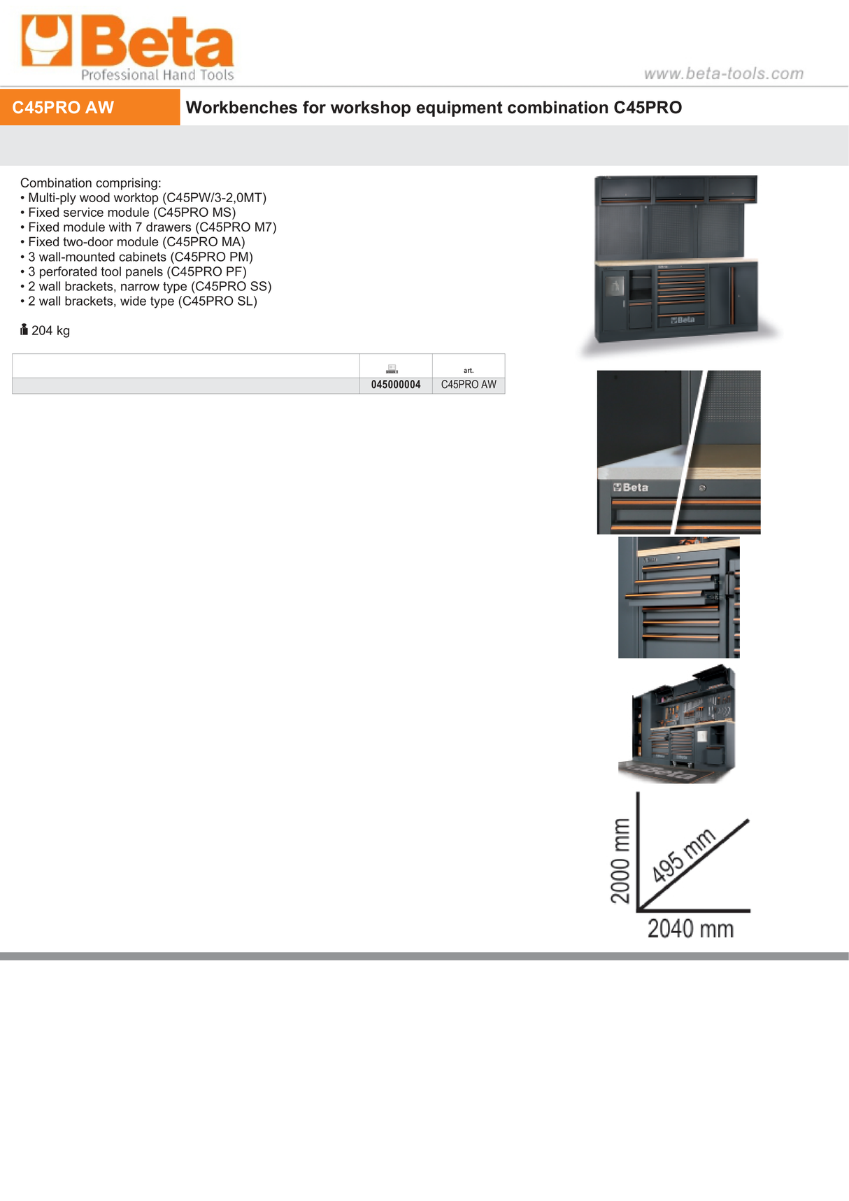 Workbenches for Workshop Equipment Combination with Wood Worktop, Drawers, Tool Panels, and Cabinets - BetaC45PRO C45PRO AW - Image 6