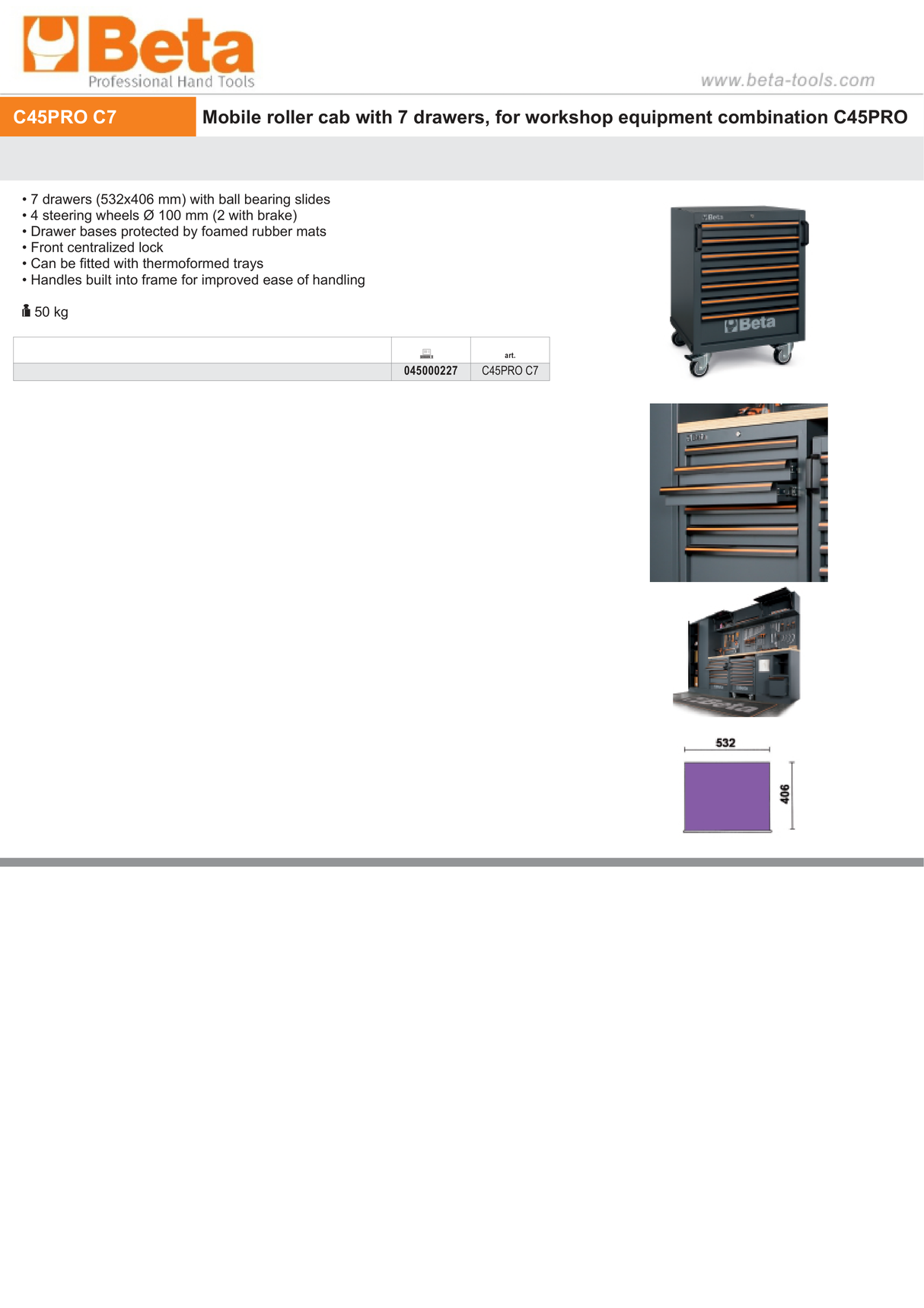 Mobile Roller Cab with 7 Drawers and Steering Wheels for Workshop - BetaC45PRO C45PRO C7 - Image 6