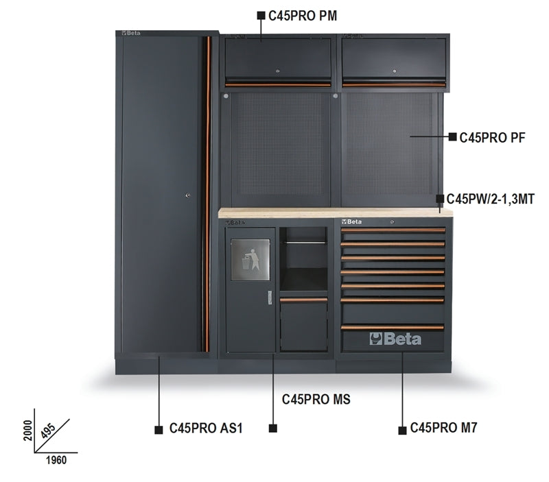 Workshop Equipment Combination with Wood Worktop, Drawers, Tool Panels, and Cabinets - BetaC45PRO C45PRO CW - Image 5
