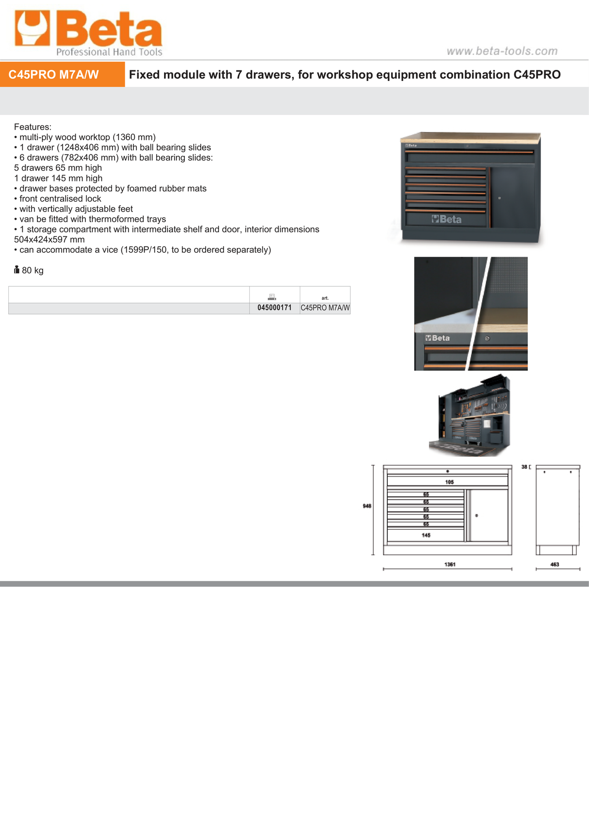 Fixed Module with 7 Drawers and Storage Compartment for Workbench - BetaC45PRO C45PRO M7A/W - Image 5