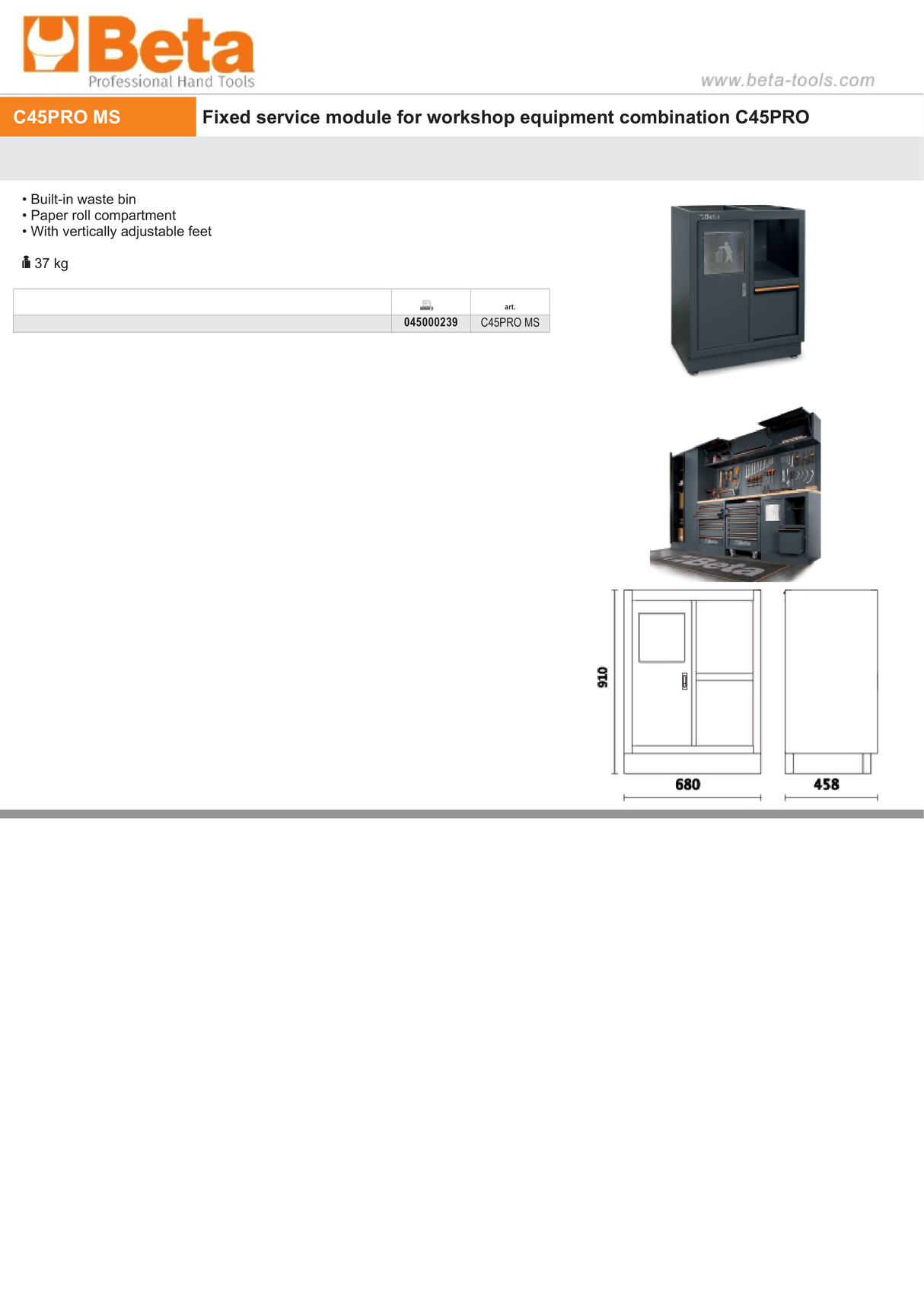 Fixed Service Module with Waste Bin and Paper Roll Compartment for Workshop - BetaC45PRO C45PRO MS - Image 4