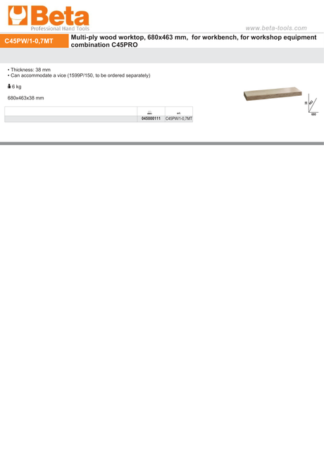 Multi-Ply Wood Worktop 680x463x38mm for Workbench - BetaC45PRO C45PW/1-0,7MT - Image 2