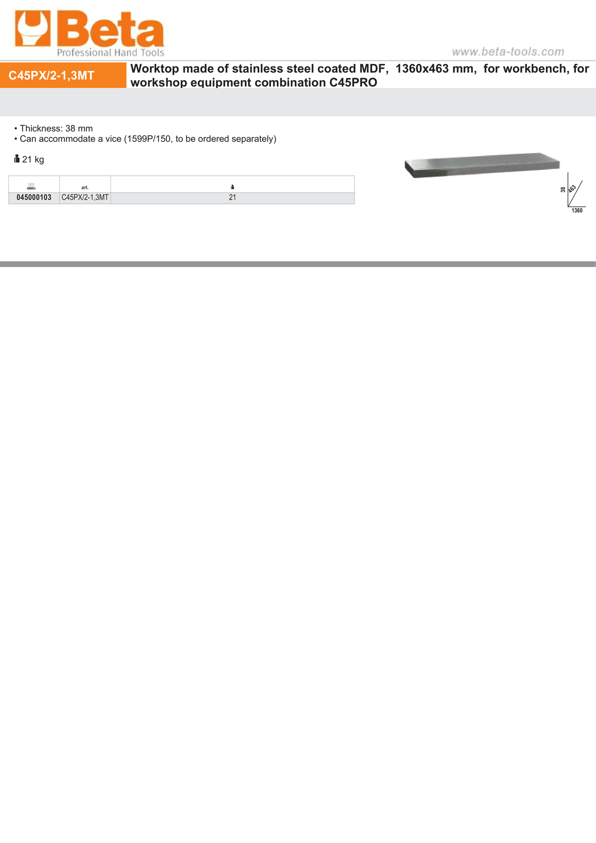Stainless Steel Coated MDF Worktop 1360x463x38mm for Workbench - BetaC45PRO C45PX/2-1,3MT - Image 2