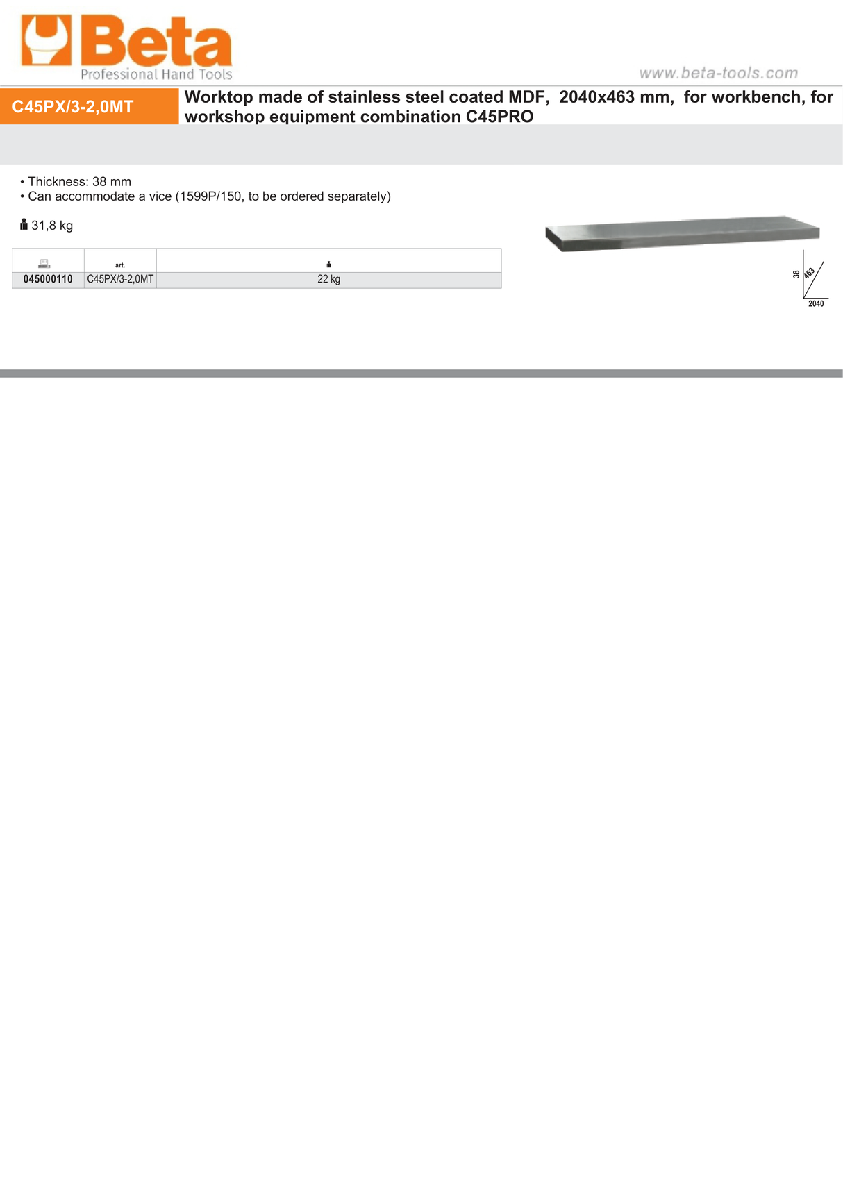 Stainless Steel Coated MDF Worktop 2040x463x38mm for Workbench - BetaC45PRO C45PX/3-2,0MT - Image 2