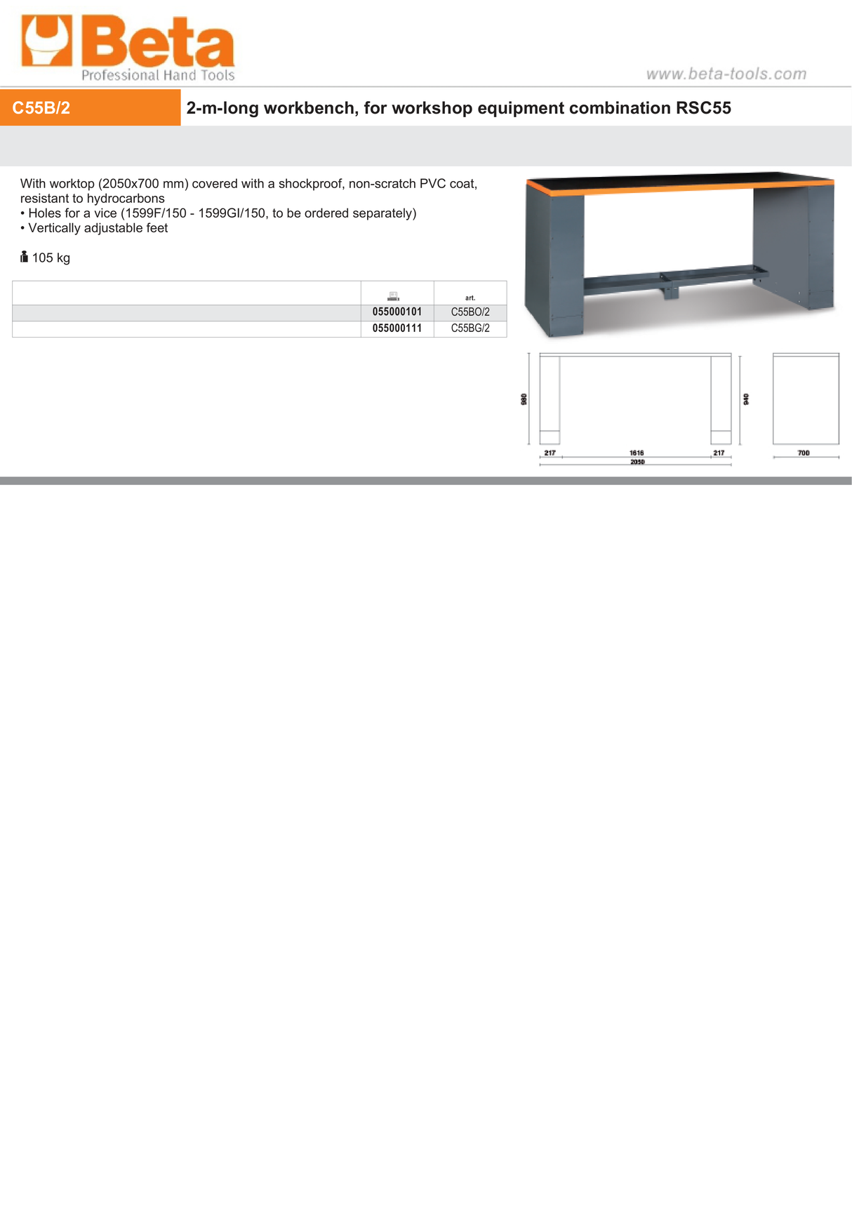 2m Workbench with Shockproof PVC Worktop, Adjustable Feet, 2050x700mm - BetaRSC55 C55BG/2 - Image 3