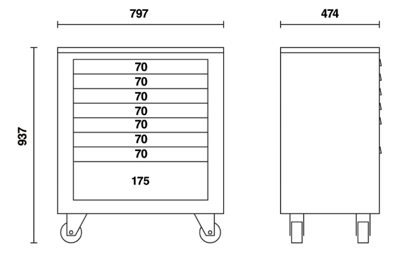 Roller Cabinet Module with 8 Drawers, Ball Bearing Slides, Central Lock, 588x367mm Drawers, 100mm Castors - BetaRSC55 C55C8 - Image 3