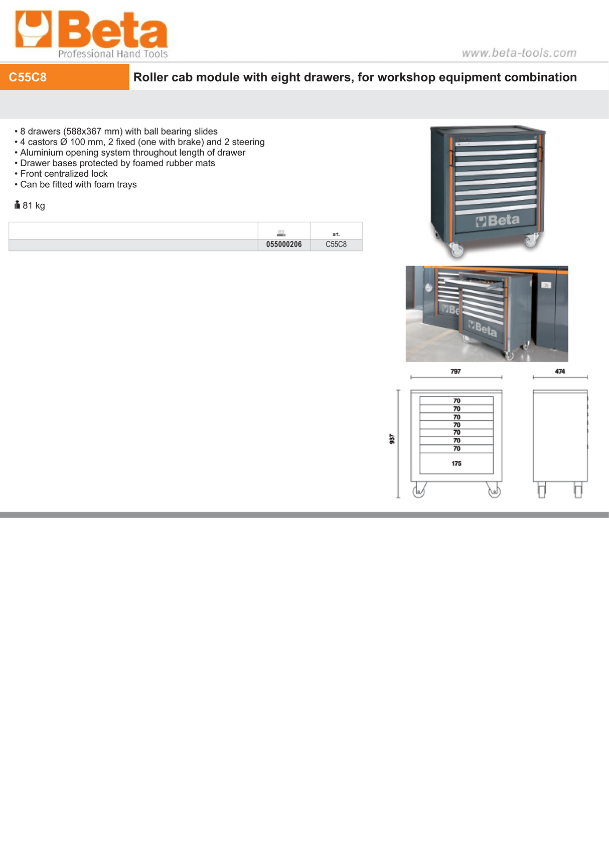 Roller Cabinet Module with 8 Drawers, Ball Bearing Slides, Central Lock, 588x367mm Drawers, 100mm Castors - BetaRSC55 C55C8 - Image 4
