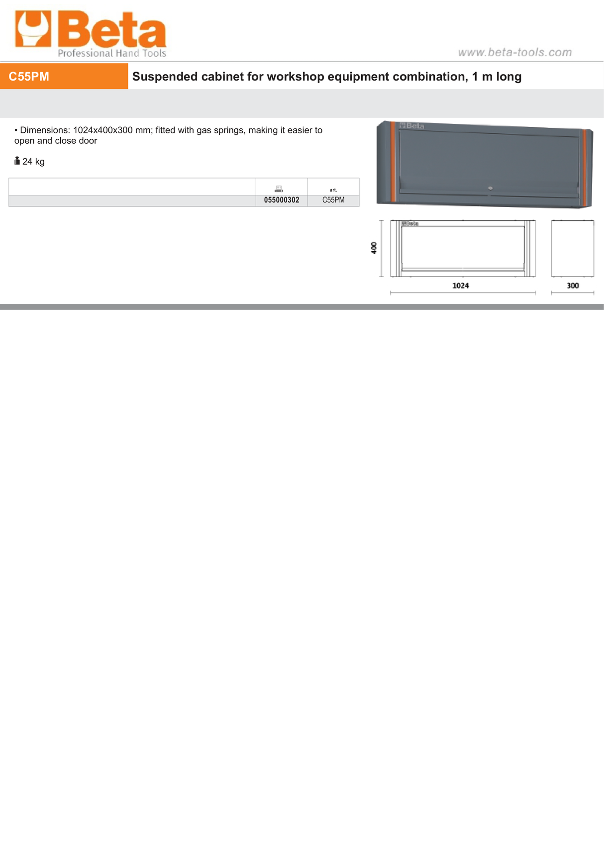 Suspended Cabinet with Gas Springs, 1024x400x300mm - BetaRSC55 C55PM - Image 3