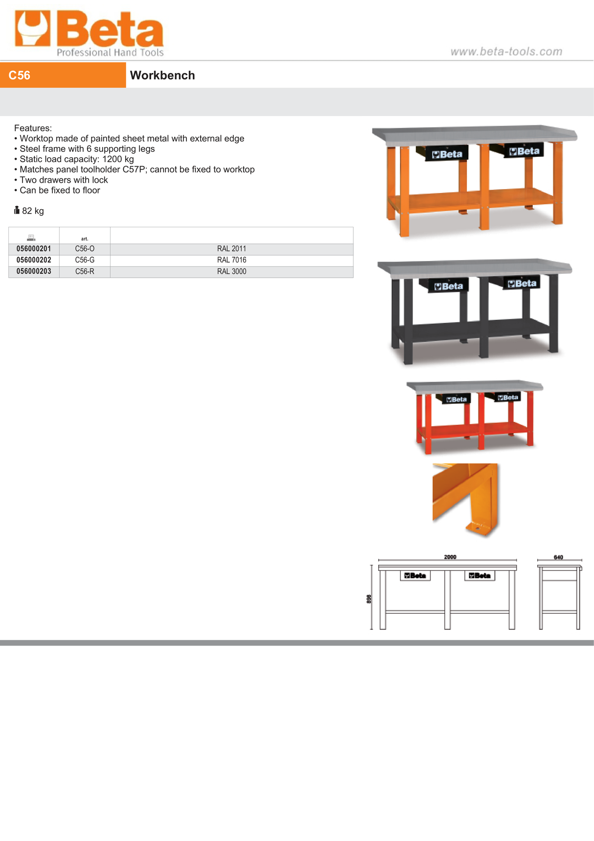 Workbench with Painted Sheet Metal Worktop, 1200kg Capacity, Lockable Drawers - Beta Tools C56-R - Image 6