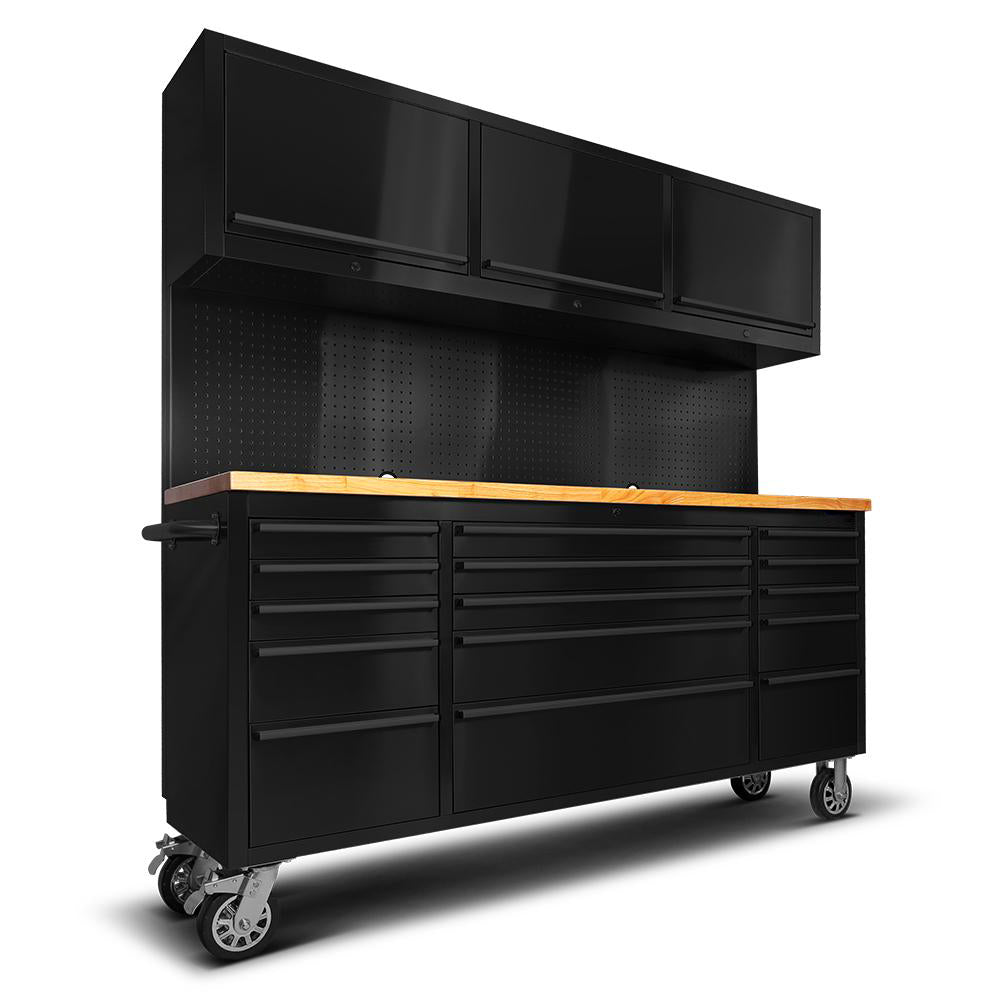 72" Matte Black Steel 15-Drawer Tool Chest with Wooden Top, 3 Upper Cabinets & Peg Board