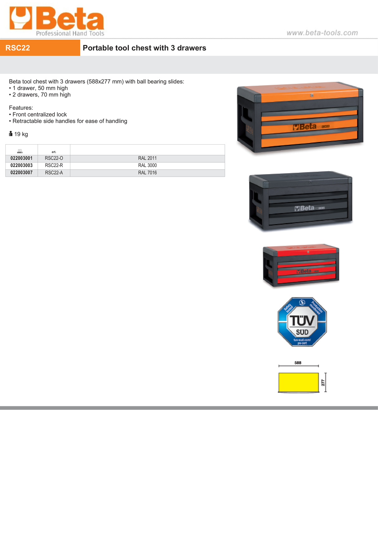 Portable Tool Chest with 3 Drawers and Ball Bearing Slides - Beta Tools RSC22-R - Image 7