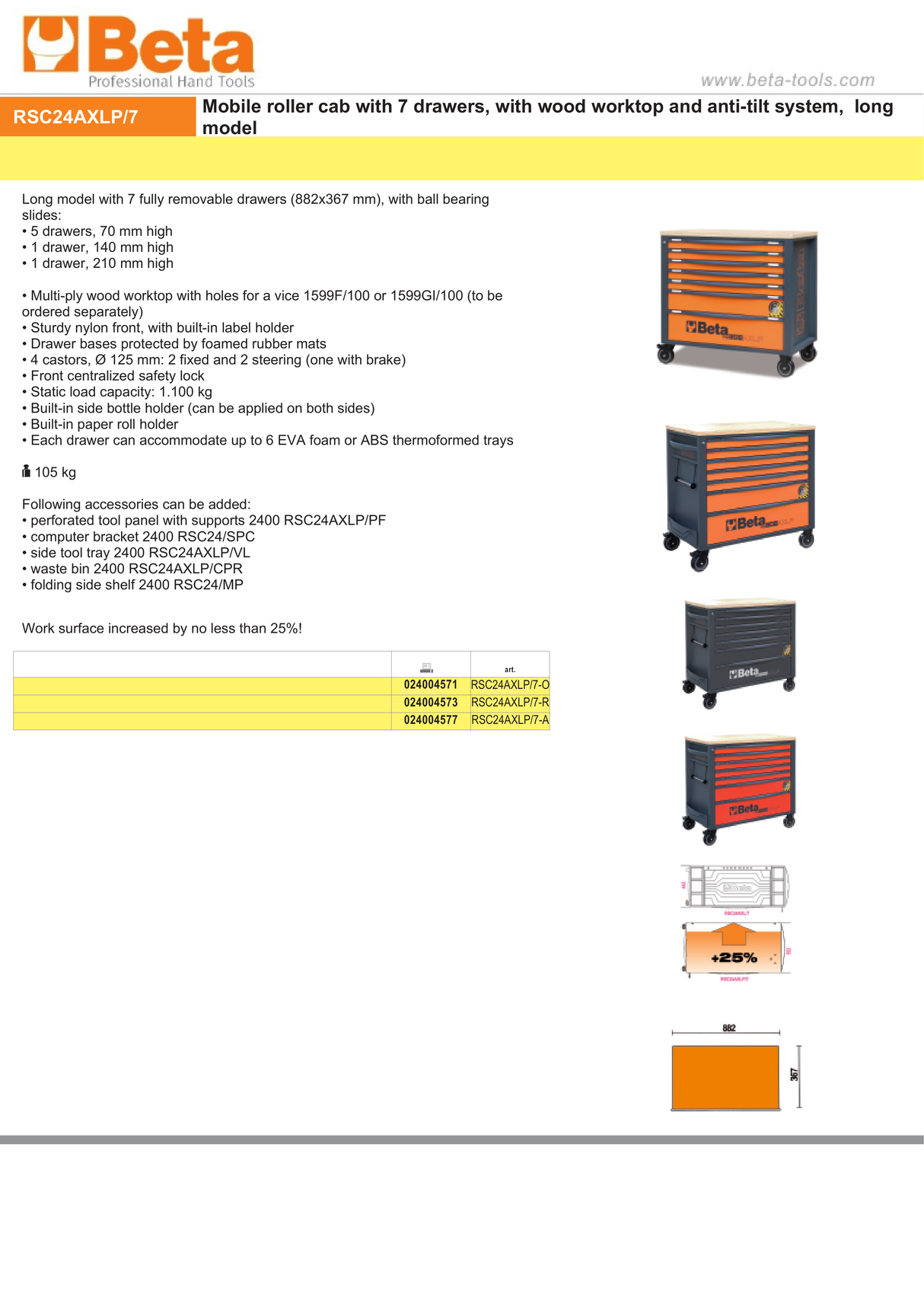 Mobile Roller Cab 7 Drawers Wood Worktop Anti-Tilt System Long Model 1100kg Capacity - Beta Tools RSC24AXLP/7-R - Image 8