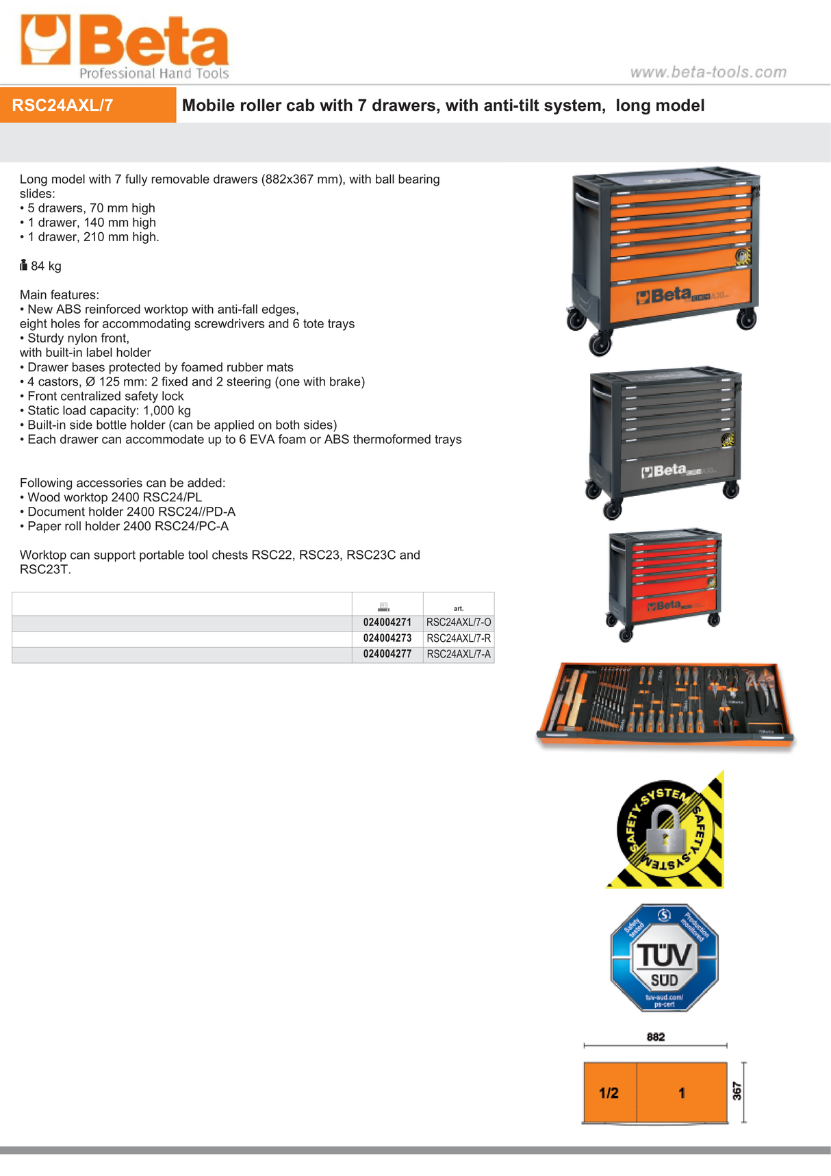 Mobile Roller Cab 7 Drawers Anti-Tilt System Long Model 1000kg Capacity - Beta Tools RSC24AXL/7-A - Image 9