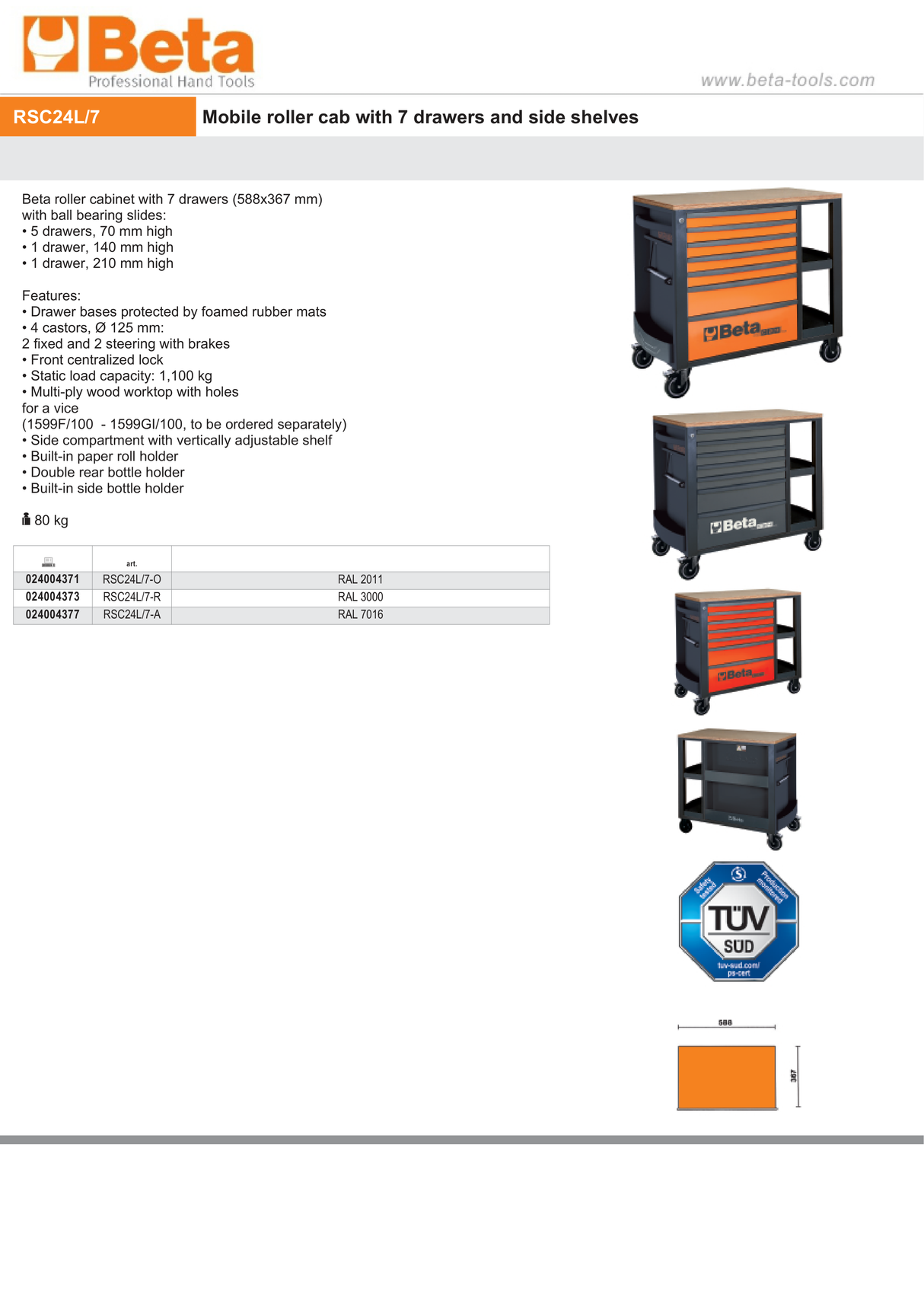 Mobile Roller Cab 7 Drawers Side Shelves 1100kg Capacity - Beta Tools RSC24L/7-A - Image 8