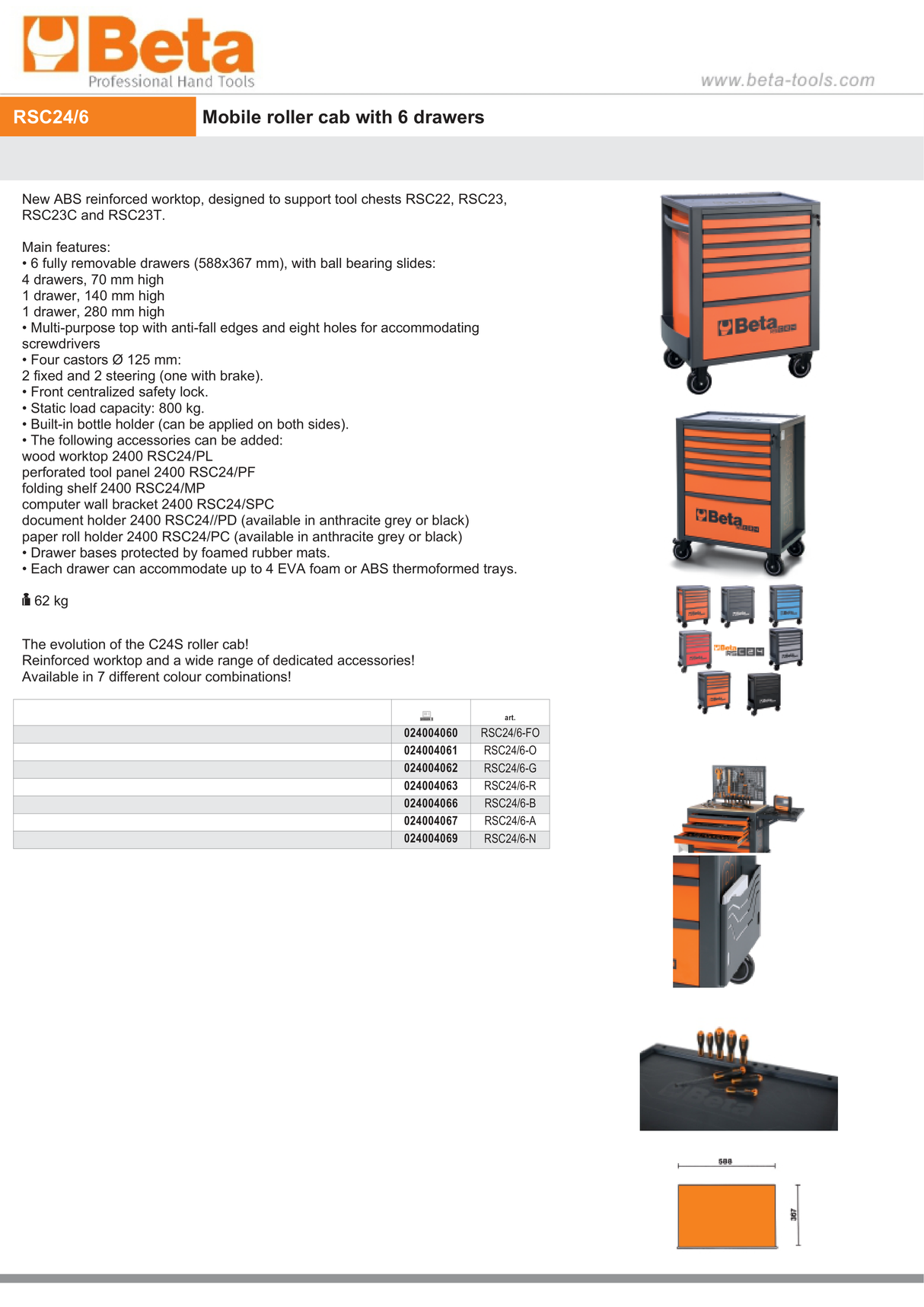 Mobile Roller Cab 6 Drawers Reinforced Worktop 800kg Capacity - Beta Tools RSC24/6-N - Image 12