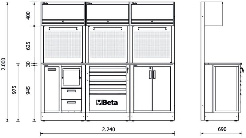 Workshop Equipment Combination RSC50 with 2.240mm Worktop, Drawers, Cabinets, and Tool Panels - BetaRSC50 RSC50 E - Image 3