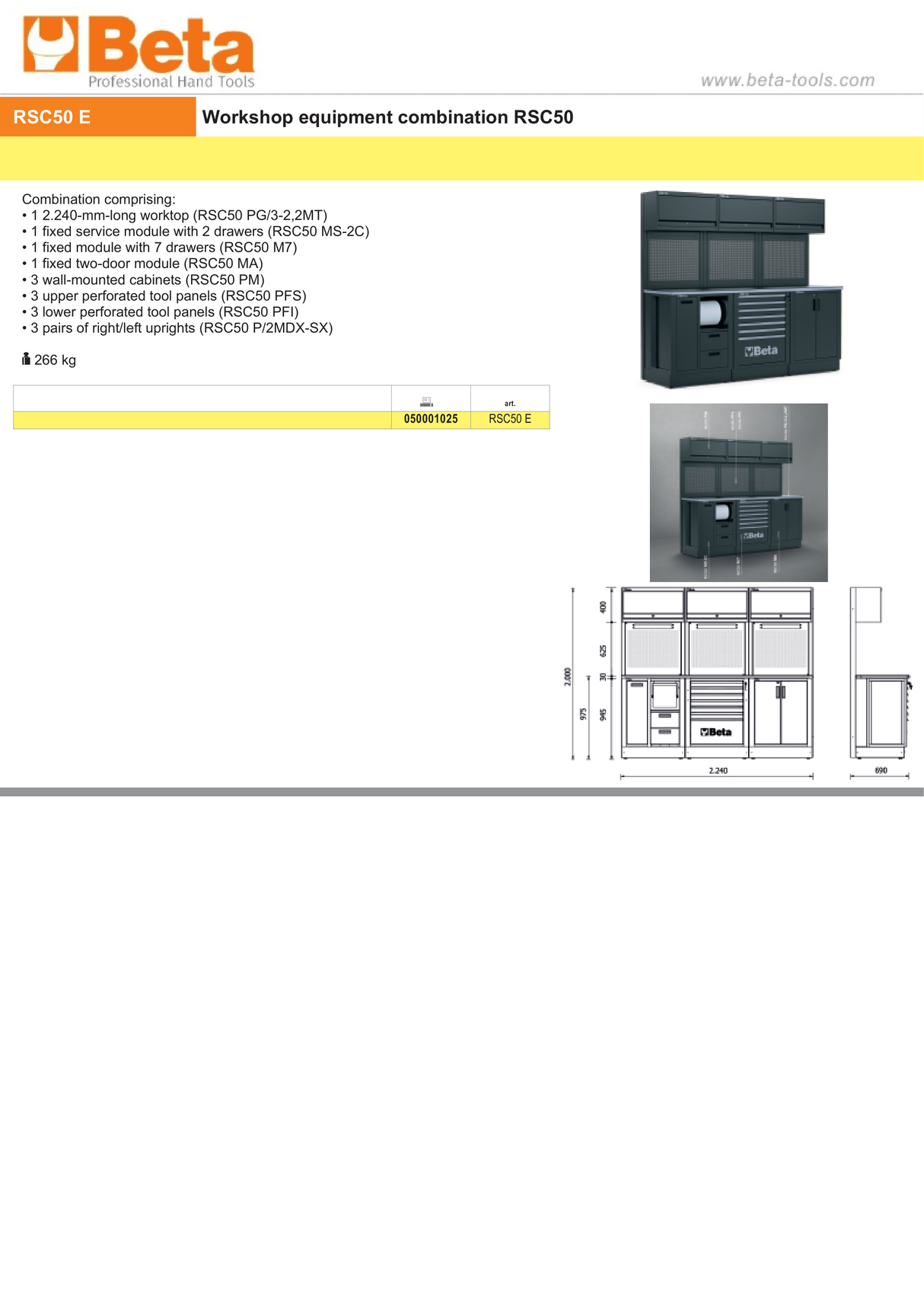 Workshop Equipment Combination RSC50 with 2.240mm Worktop, Drawers, Cabinets, and Tool Panels - BetaRSC50 RSC50 E - Image 4