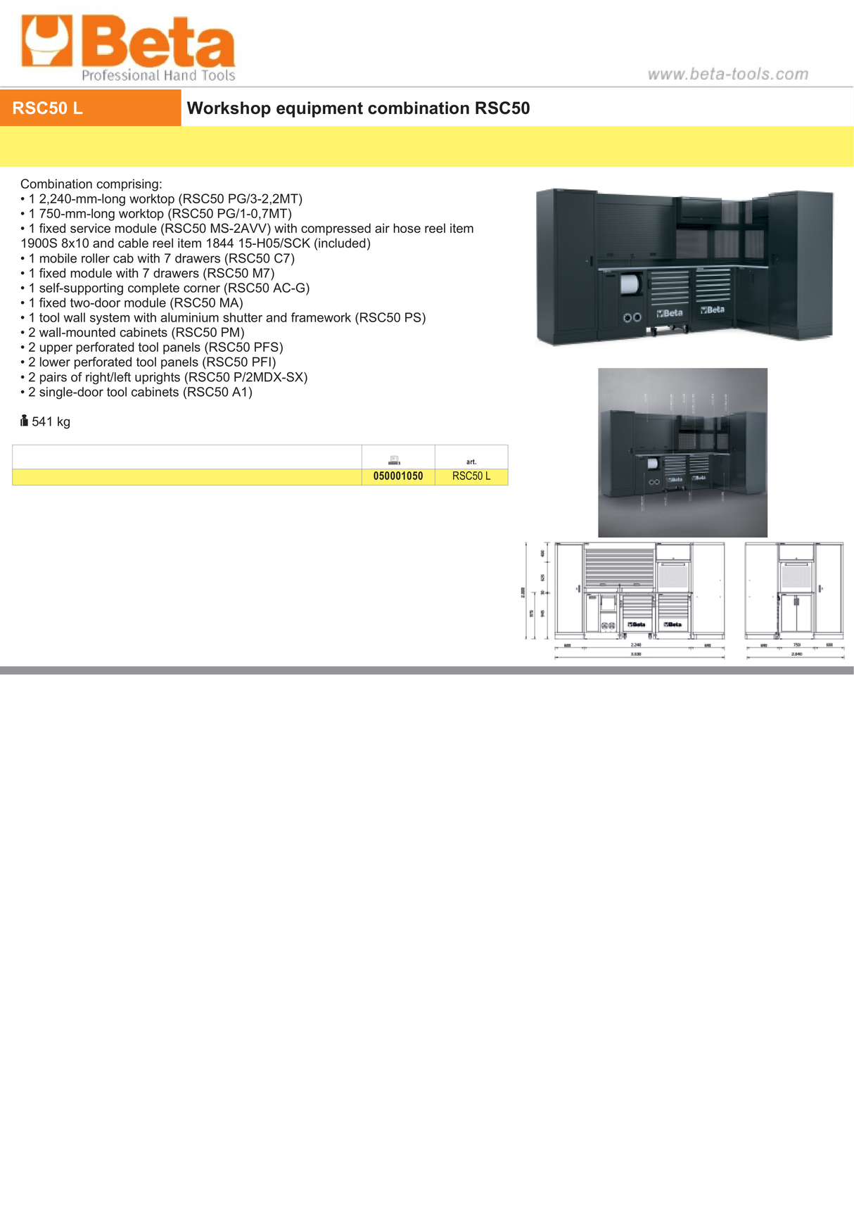 Workshop Equipment Combination RSC50 with 2.240mm and 750mm Worktops, Drawers, Roller Cab, Corner Unit, and Tool Panels - BetaRSC50 RSC50 L - Image 4