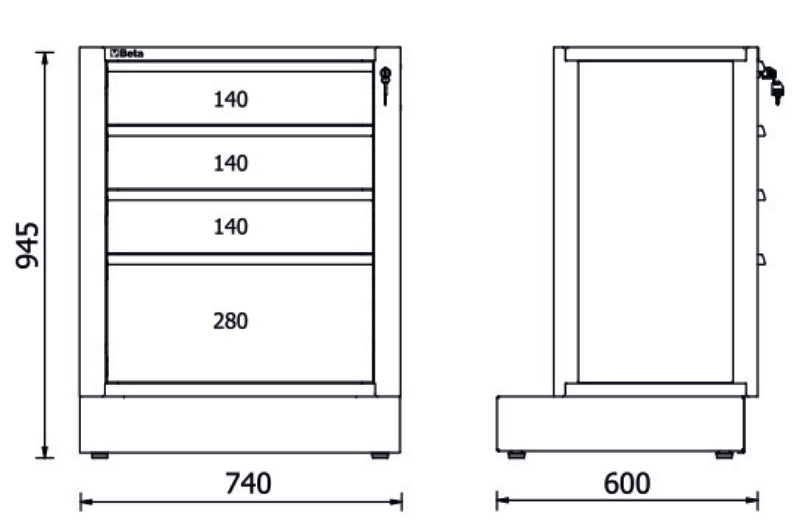 Fixed Module with 4 Drawers for RSC50, 588x367mm, Central Lock, Adjustable Feet - BetaRSC50 RSC50 M4 - Image 2