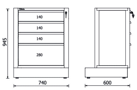Fixed Module with 4 Drawers for RSC50, 588x367mm, Central Lock, Adjustable Feet - BetaRSC50 RSC50 M4 - Image 2