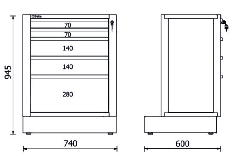 Fixed Module with 5 Drawers for RSC50, 588x367mm, Central Lock, Adjustable Feet - BetaRSC50 RSC50 M5 - Image 2
