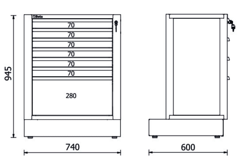 Fixed Module with 7 Drawers for RSC50, 588x367mm, Central Lock, Adjustable Feet - BetaRSC50 RSC50 M7 - Image 2
