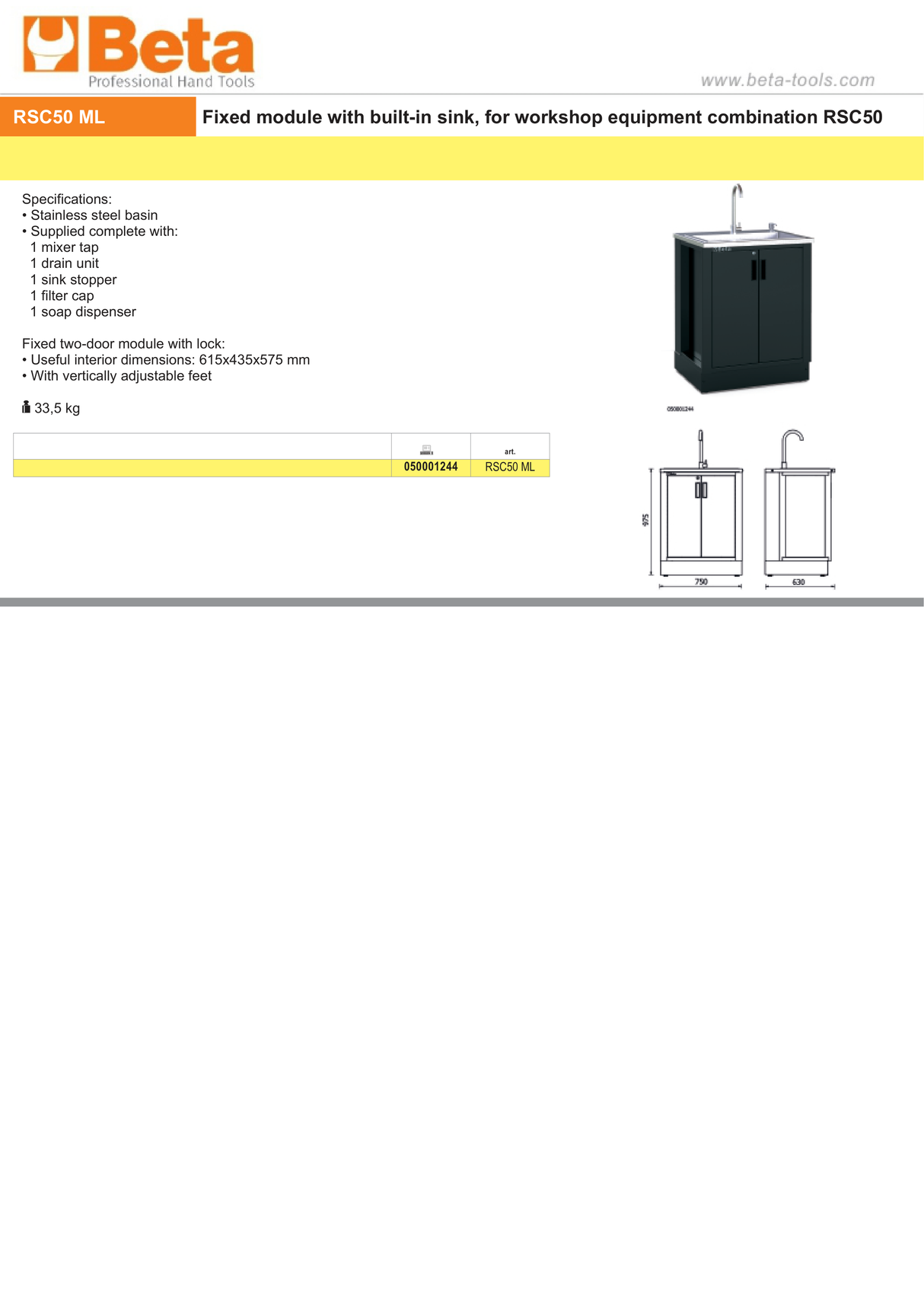 Fixed Module with Built-in Sink for RSC50, Stainless Steel Basin, Includes Mixer Tap, Drain Unit, Soap Dispenser, Two-Door Module with Lock, 615x435x575mm, Adjustable Feet - BetaRSC50 RSC50 ML - Image 3