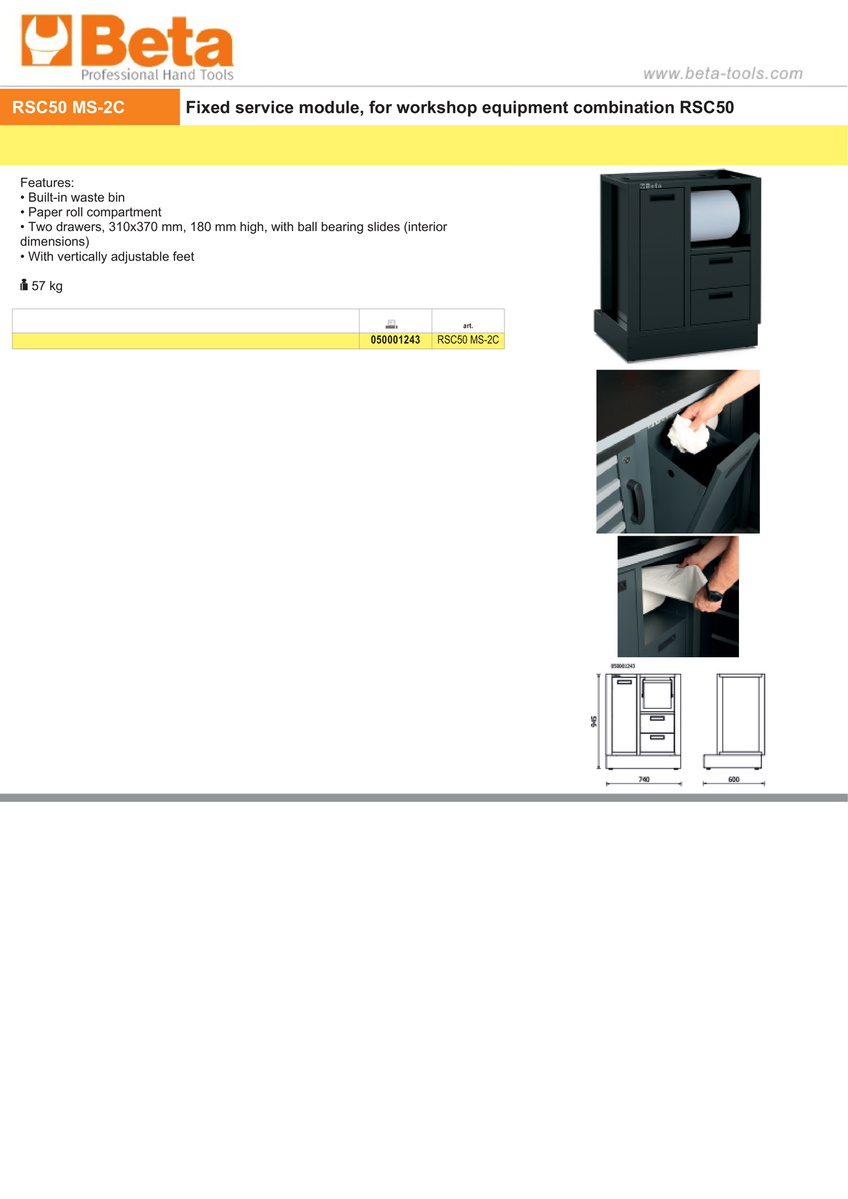 Fixed Service Module for RSC50 with Waste Bin, Paper Roll Compartment, 2 Drawers 310x370mm, Adjustable Feet - BetaRSC50 RSC50 MS-2C - Image 5