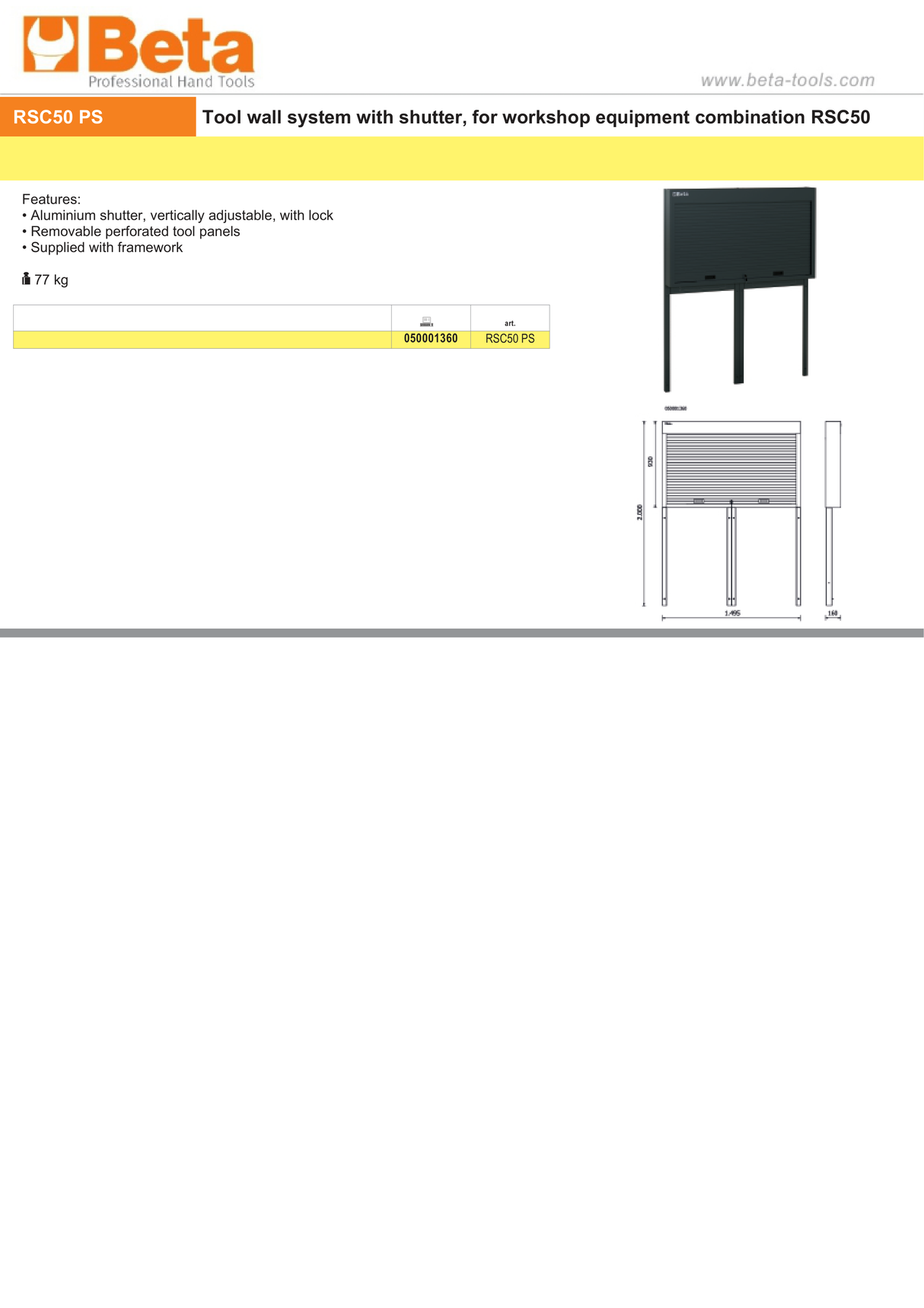 Tool Wall System with Shutter for RSC50, Adjustable Aluminium Shutter, Removable Perforated Panels, Includes Framework - BetaRSC50 RSC50 PS - Image 3