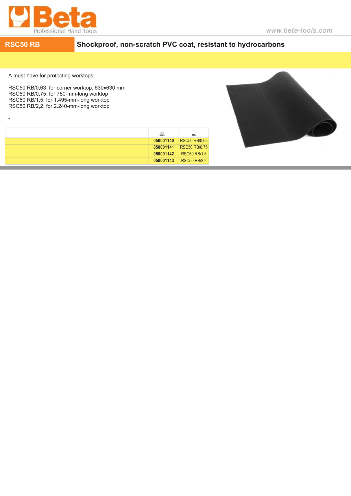 Shockproof Non-Scratch PVC Coat for RSC50 Worktops 630mm - 2.240mm - BetaRSC50 RSC50 RB/2,2 - Image 2