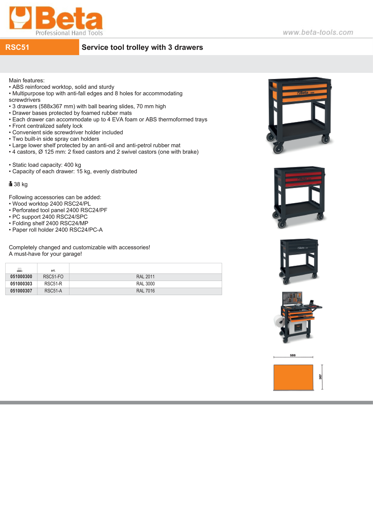 Service Tool Trolley with 3 Drawers, ABS Worktop, 4 Castors 125mm, 400kg Load Capacity - Beta Tools RSC51-R - Image 7