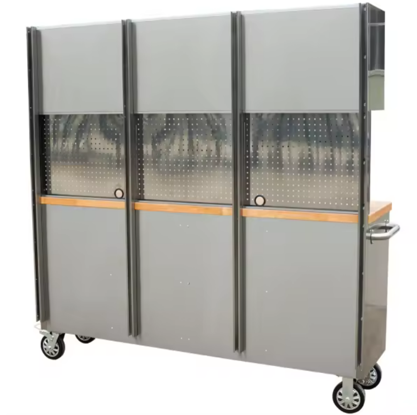 72" Stainless Steel Workbench with Wooden Top, 3 Upper Cabinets & Peg Board
